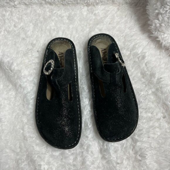 Alegria Paloma leather black glittery suede mules with side buckle  SZ 37 - Picture 1 of 10
